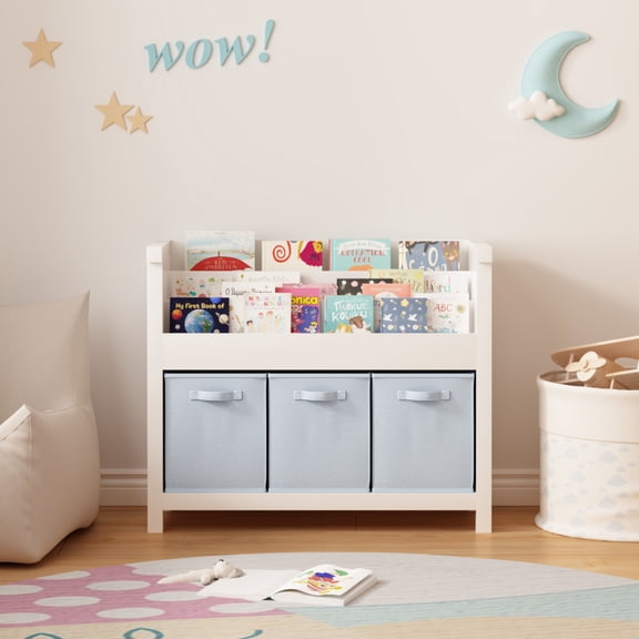 Noble House 35.43" Kids Bookshelf with 3 Tier Front-Facing Shelves and 3 Fabric Bins, Wooden Book Organizer, White