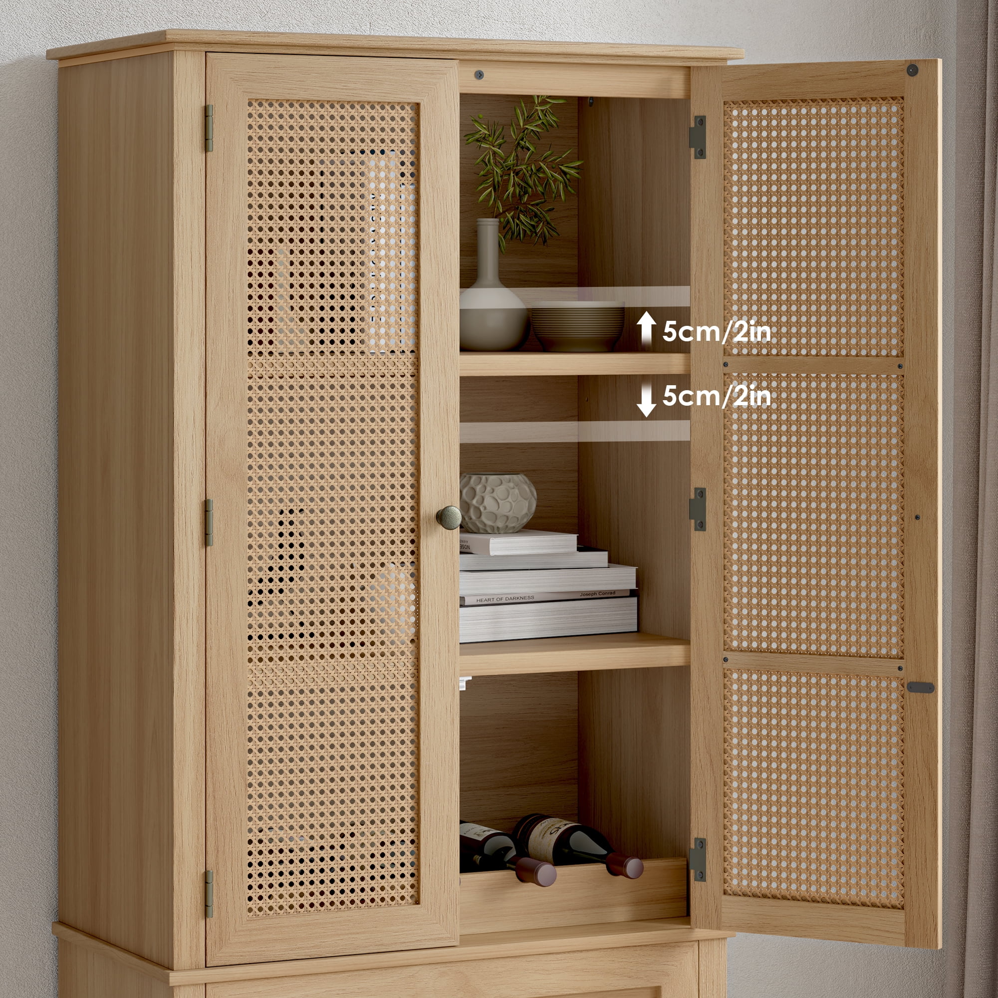 Homfa Rattan Cabinet with Doors, Tall Storage Cabinet with 2 Drawers, Narrow Accent Versatile Cabinet for Living Room, Oak