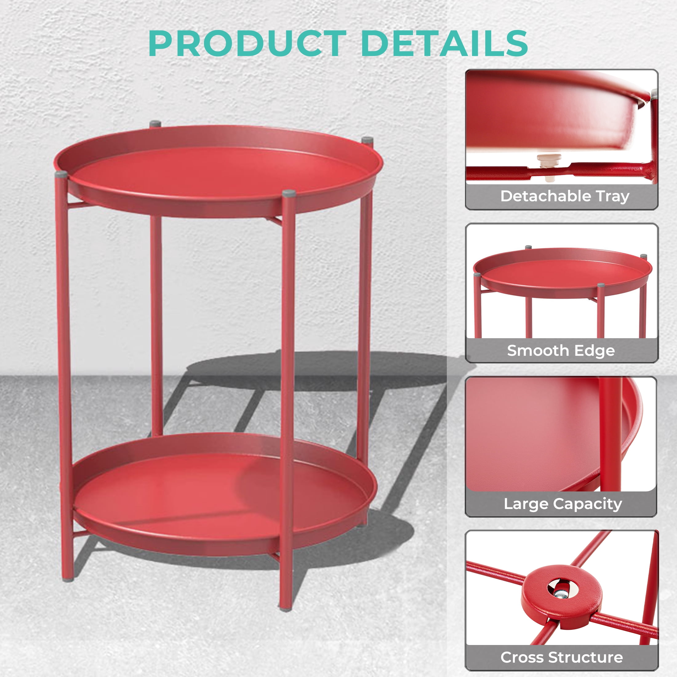 Grand Patio Indoor & Outdoor Side Table 2-Tier, Weather-Resistant Steel Round End Table for Porch, Poolside, Bedroom, Living Room, Red