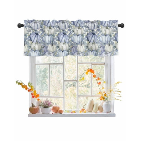 Rod Pocket Window Valances Autumn Blue Field Pumpkin Short Kitchen Curtains Thanksgiving Eucalyptus Botanical Leaf Window Treatment Drapes for Bedroom Bathroom Living Room 54x18In 1 Panel