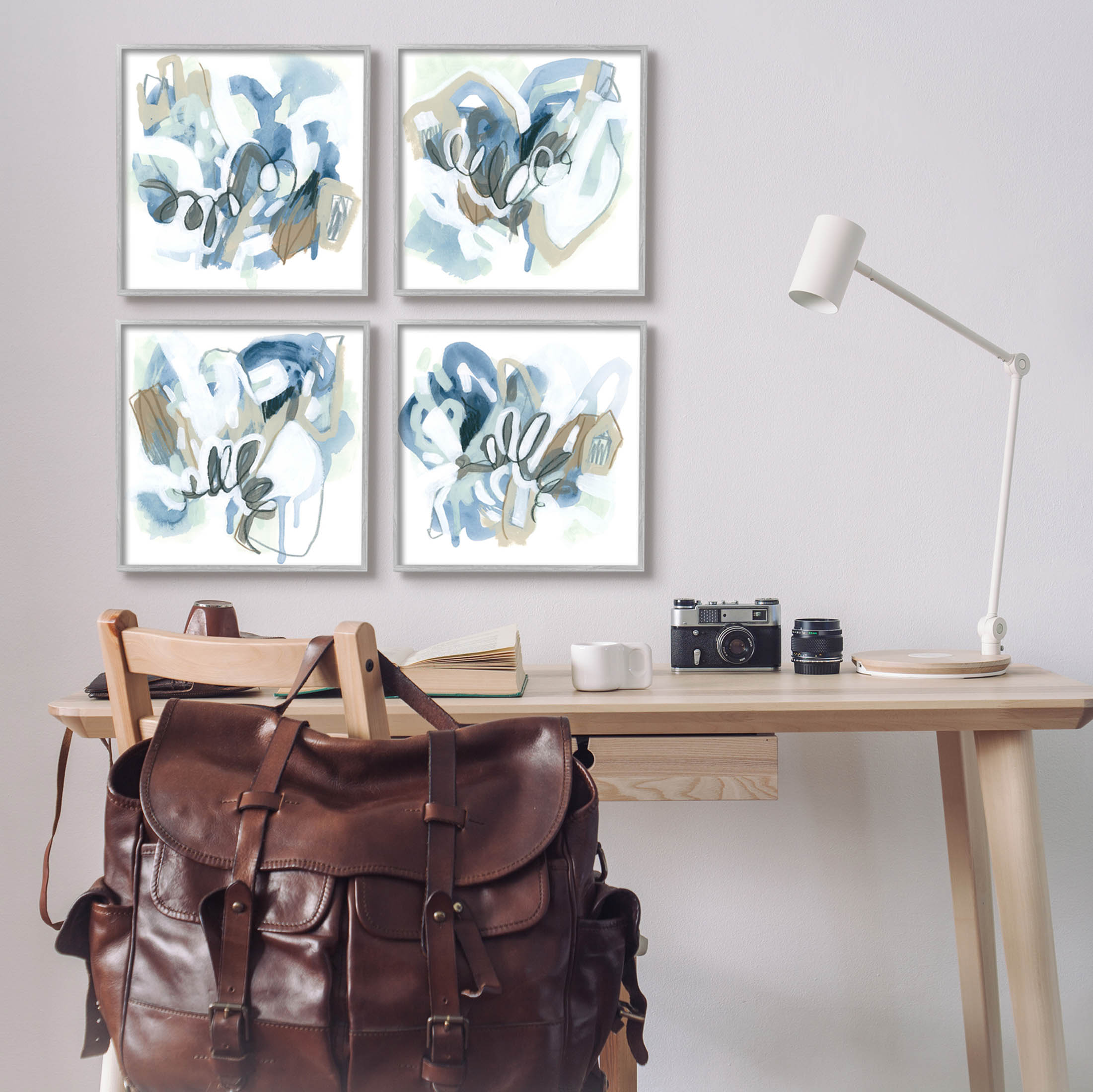 Stupell Industries Abstract Blue Squiggle Collage Painting Gray Framed Art Print Wall Art, Set of 4, Design by June Erica Vess
