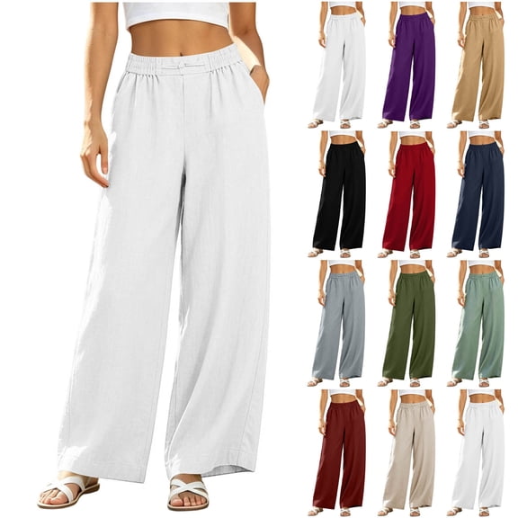 FAIWAD White Linen Pants Women Elastic Waisted Wide Leg Pant with Pockets Casual Lightweight Beach Vacation Trousers