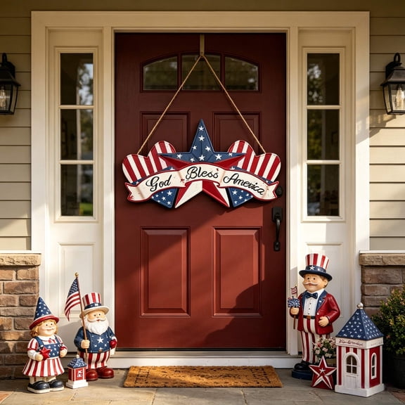 Votnto Patriotic Star Wooden Door Hanging Sign, God Bless America Plaque with Flag Accents for 4th of July, Independence Day Home & Front Porch Decor