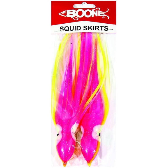 Boone 79190 Squid Skirt Lure 9 1/2 Inch 2 Pack Pink Pearl Yellow Stripe