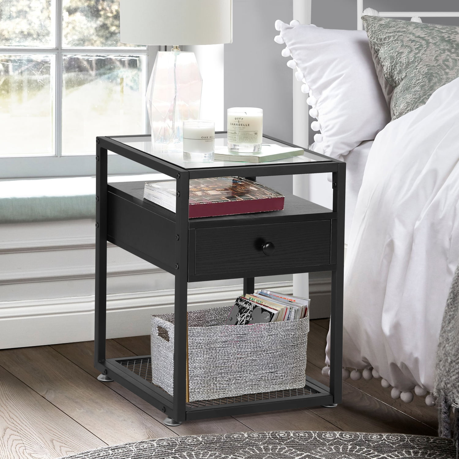 VECELO Square End Table Nightstand with Drawer and Shelf, Side Table