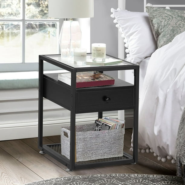 Vecelo Square End Table Nightstand With Drawer And Shelf Side Table With Storage Accent Table Black Walmart Com Walmart Com