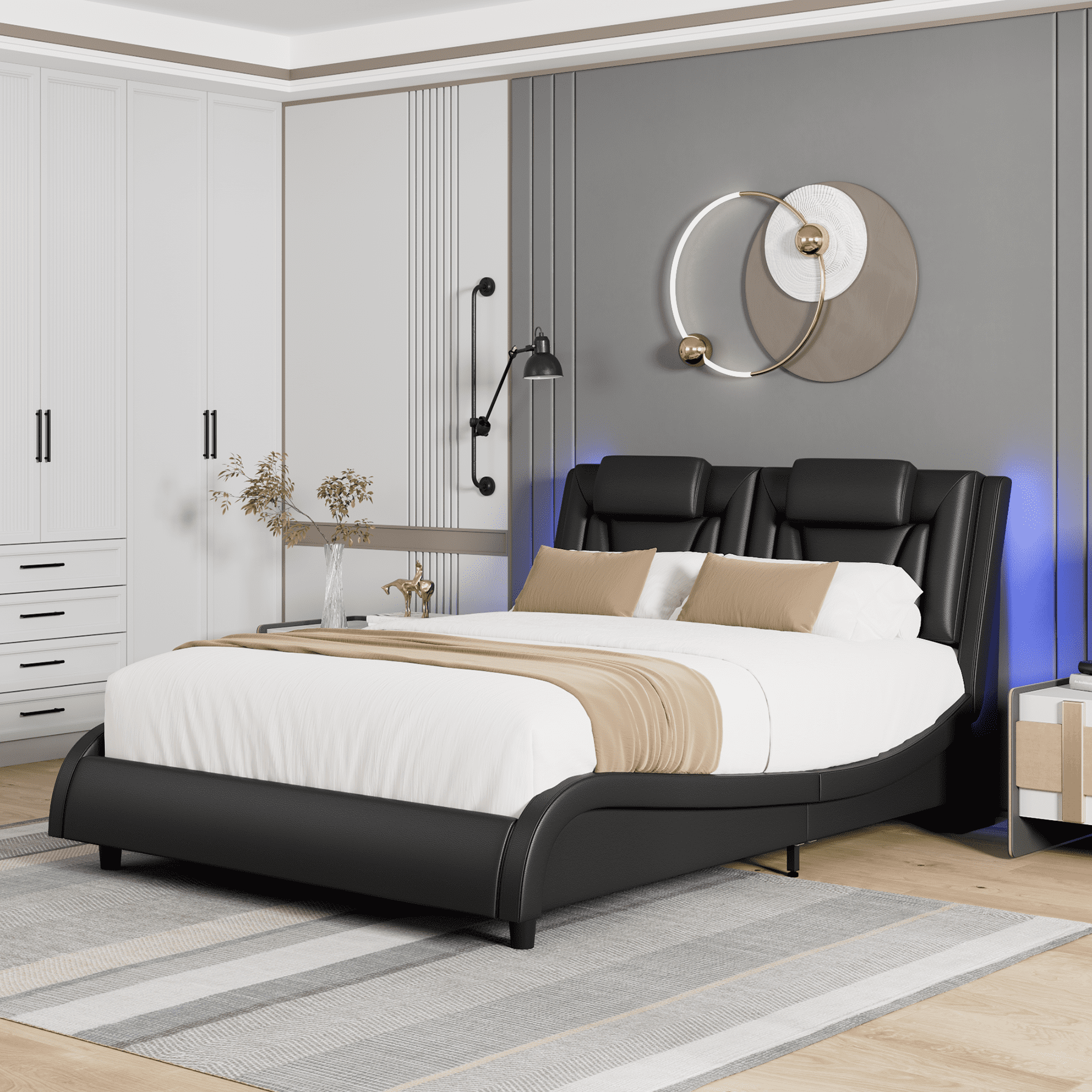 Homfa Queen Size LED Bed Frame, PU Leather Curved Upholstered Platform Bed Frame with Adjustable Headboard and Pillow, Black