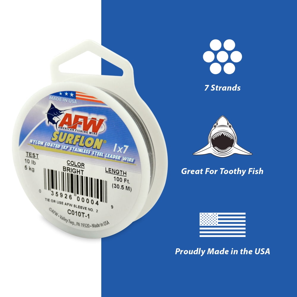 AFW C090T-0 Surflon Nylon Coated 1x7 Stainless Steel Leader Wire Fishing  Line, Bright, 90 lb Test