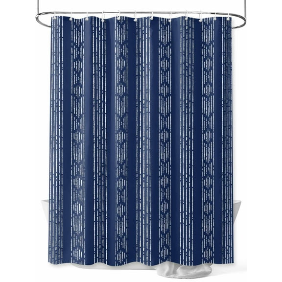 Shower Curtain Navy Blue Boho Bathroom Curtains with Hooks, Waterproof Fabric Bohemian Style Stripes Bath Shower Curtains Set for Bathroom Bathtubs Decor 36x72 Inch