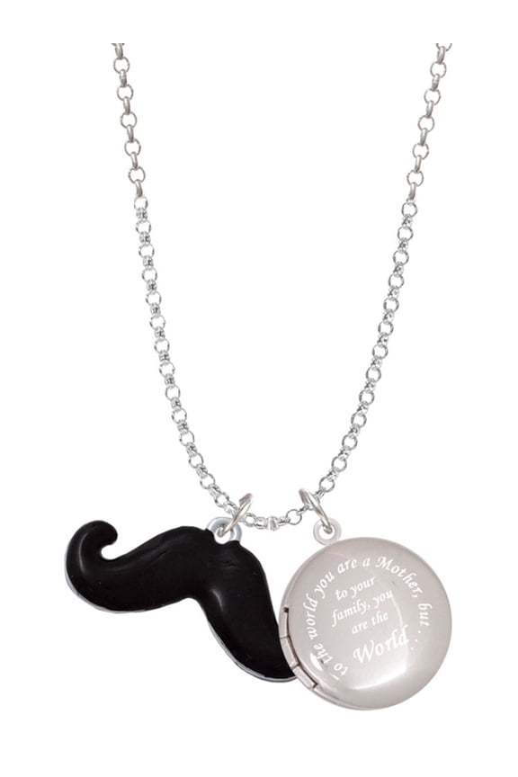 Silvertone Large Black Enamel Mustache To the World You are a Mother Locket Necklace