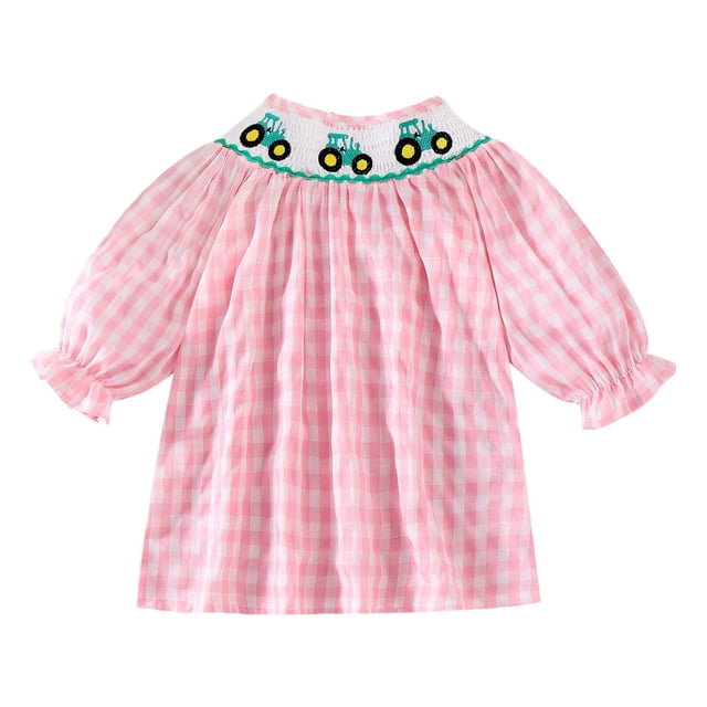 WEIYLL Robes pour Filles Douce Bébé Mignonne Encolure Élastique Broderie Manches Longues Robe Rose Pâle 2-3 Ans