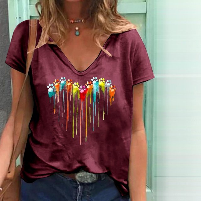 ICHUANYI Clearance Women Summer Sexy V Neck Gradient Print Regular Women Short Sleeves(Wine, S) ICHUANYI WER2023080905303