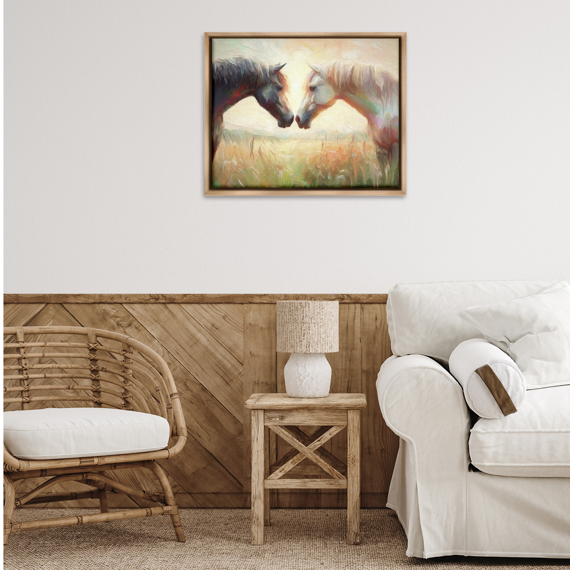 Stupell Industries Sunlit Horse Pair Animals & Insects Painting Brown Floater Framed Canvas Art Print Wall Art, 31 x 25