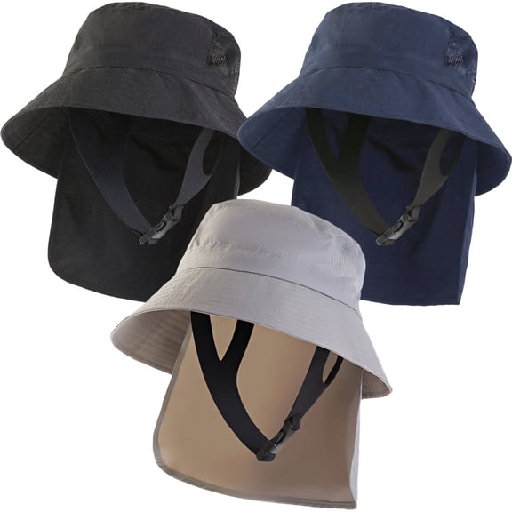 3Pcs Sun Bucket Hats for Men Women,Quick Dry Lightweight UV Protection Surf Cap Packable Foldable Fishing Hiking Hat (Black Navy Blue Light Grey)