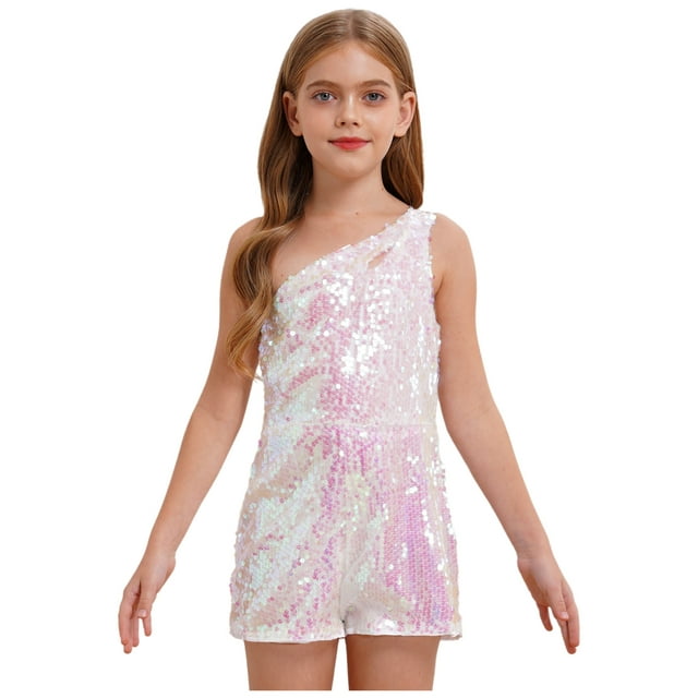Jowowha Girls One Shoulder Short Jumpsuits Sleeveless Sparkly Sequins Pageant Prom Party Dance Rompers Pink 8