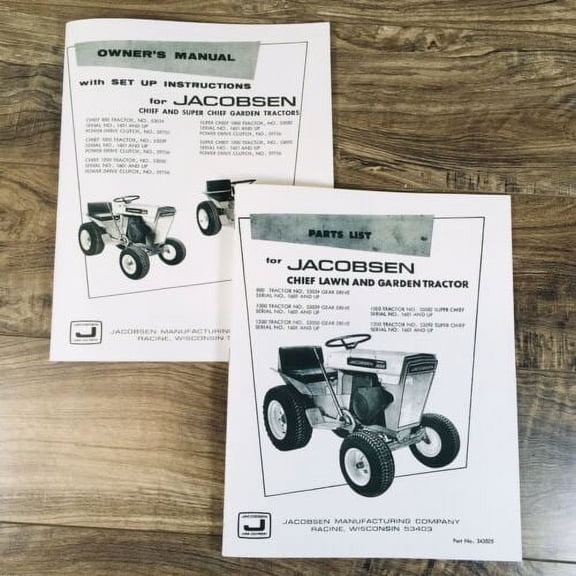 JACOBSEN CHIEF 800 1000 1200 GARDEN TRACTORS PARTS OPERATORS MANUAL SET