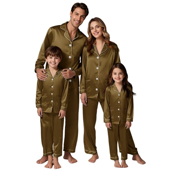 2025 Men’s Family Matching Pajamas Silk Satin Long Sleeve 2-Piece Sleepwear Set