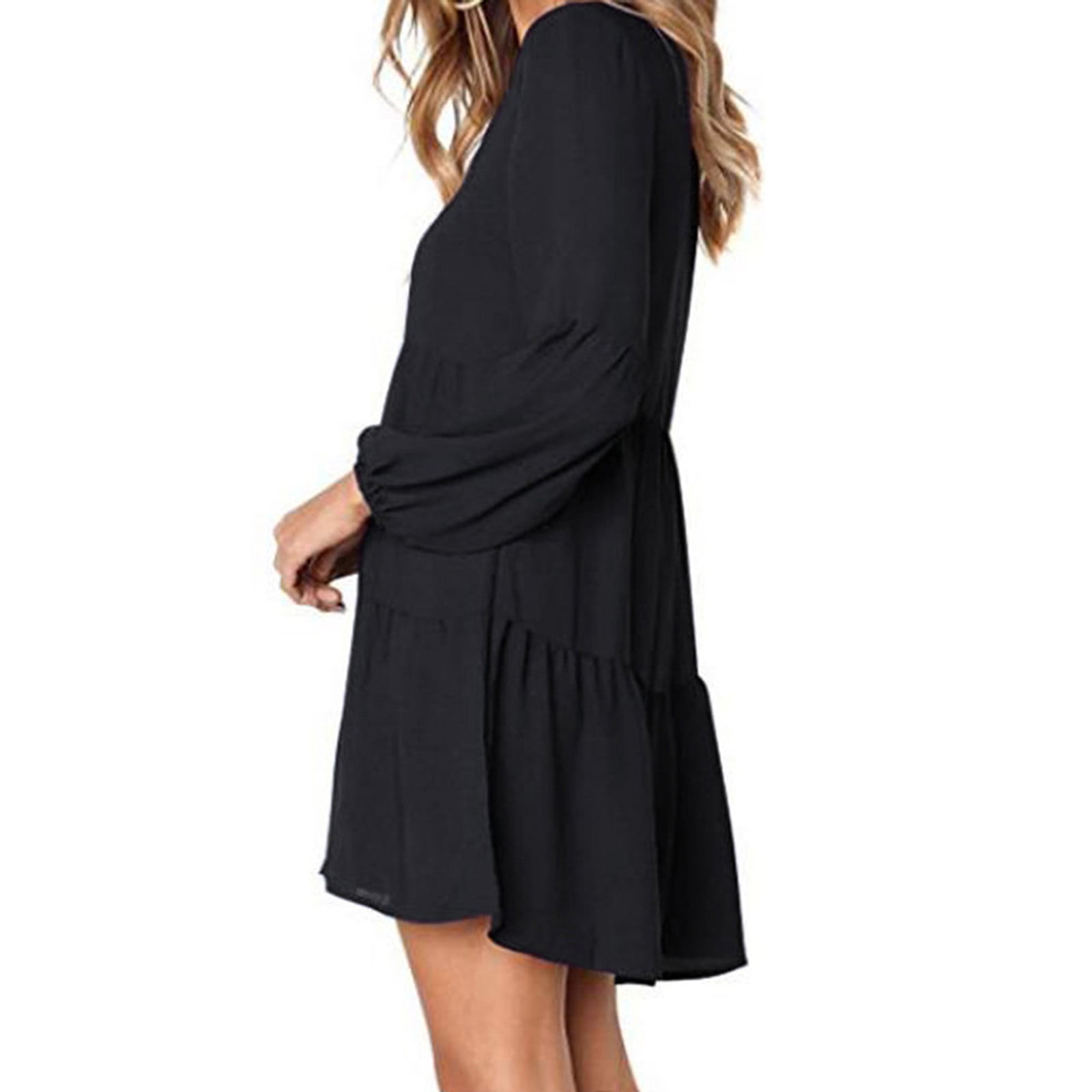 Black Dress Fashion Women Solid V-Neck Long Sleeve Flowy Shift Loose Dress Fall Dresses For Women Black Dresses For Women - Walmart.com