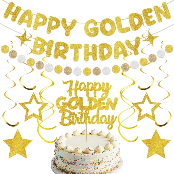 14Pcs Golden Birthday Party Decorations, Pre-strung Happy Golden Birthday Banner Garland Cake Topper Hanging Swirls for Birthday Party Decor, Gold Party Supplies for Women Men Girls Boys