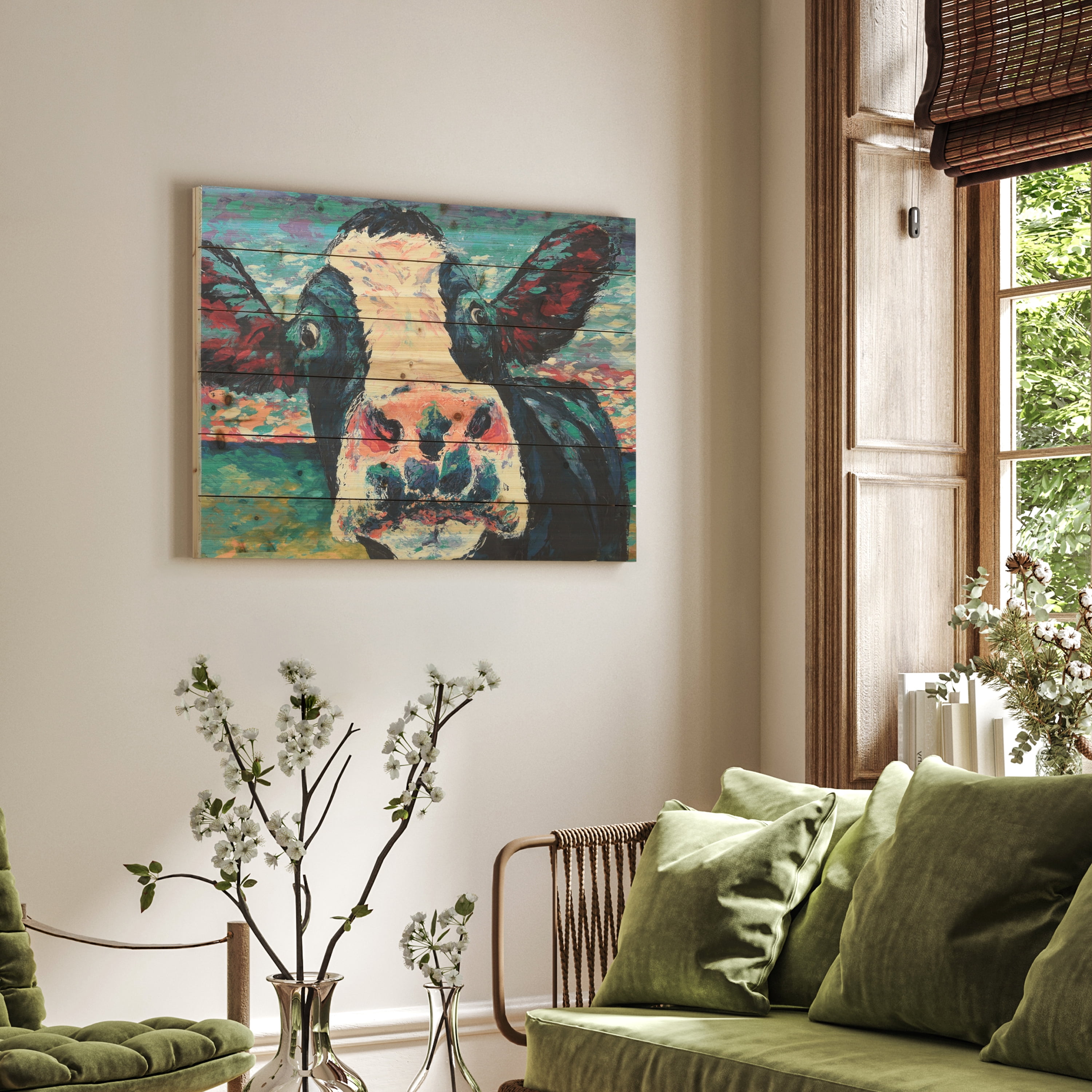 Empire Art Direct "Curious Cow"Arte de Legno Digital Print on Solid Wood Wall Art Blue 24 x 36