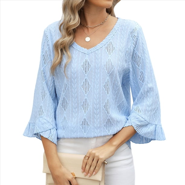 Camiseta de Mujer con Cuello en V, Mangas 3/4 con Volantes y Ojales, Blusa Informal, Estilo Túnica, Tendencia 2025 Azul S