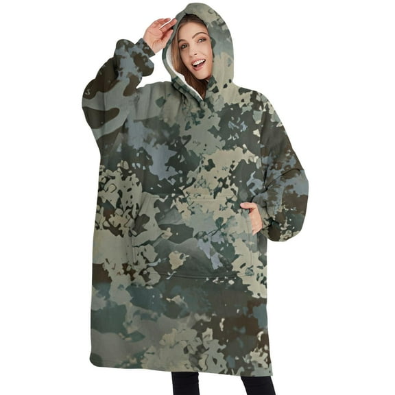 Oversized Wearable Blanket Hoodie,Gray Green Camo Textured Pattern Sherpa Blanket Hoodie with Super Pockets,Super Warm Fuzzy Pullover for Women & Men