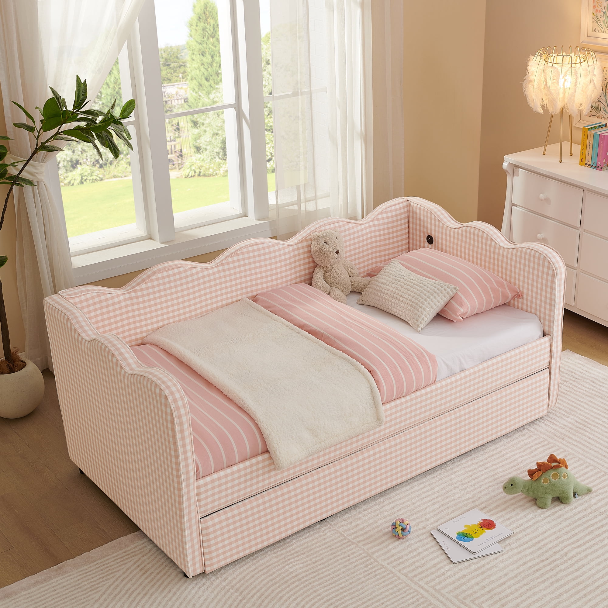 AISWORD Twin Size Gingham Upholstered Daybed, Twin to King Sofa Bed with Pop Up Trundle & USB Ports, No Box Spring Needed, Pink