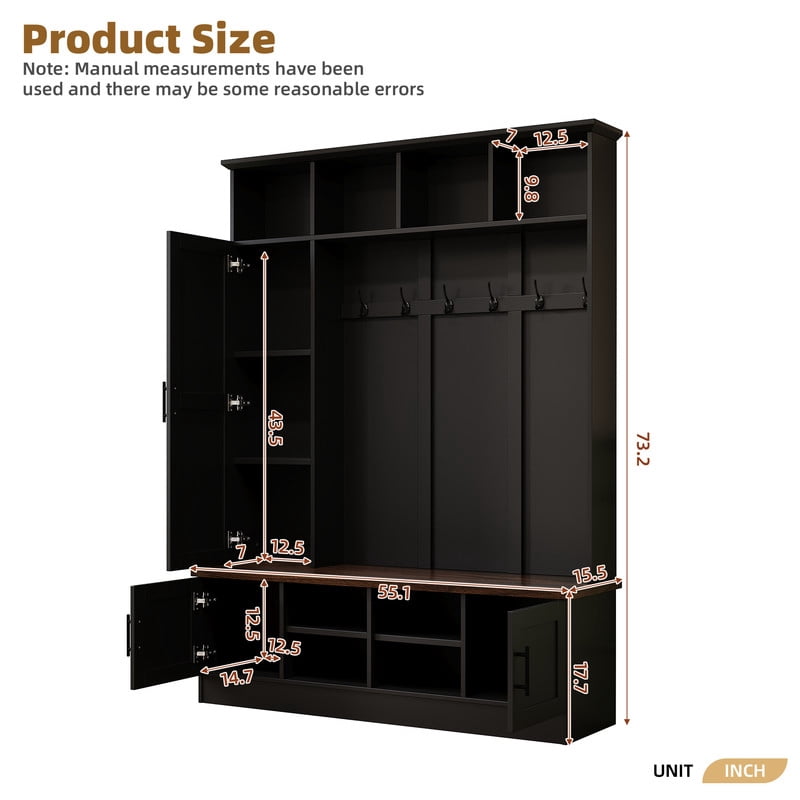 Farmhouse 3-in-1 Hall Tree with 6 Hooks, Versatile Storage Bench with Cabinets and Open Compartments, Entryway Coat Rack