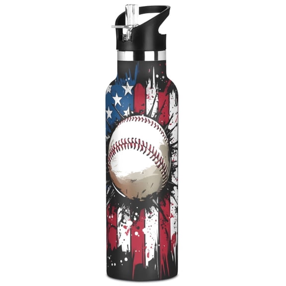 ALAZA Usa Flag Baseball Pattern Stainless Steel Water Bottle Vacuum Insulated Leak-Proof Tumbler with Straw Handle 20oz