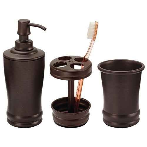 Mdesign Metal Bathroom Vanity Countertop Accessory Set Includes Refillable Soap Dispenser Divided Toothbrush Stand Tumbler Rinsing Cup 3 Pieces Bronze Com - Bathroom Vanity Top Soap Dispenser