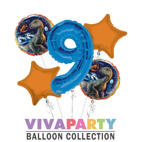 Jurassic World Velociraptor RP 02 Blue Round Balloon Bouquet 5 pc, 9th Birthday, Blue Number 9 Jumbo Balloon | Viva Party Balloon Collection