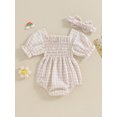 thumbnail image 4 of Hirigin Newborn Baby Girl Plaid Romper Infant Pleated Smocked Romper Ruffle Festival Bodysuit Spring Summer Clothes with Headband, 4 of 8