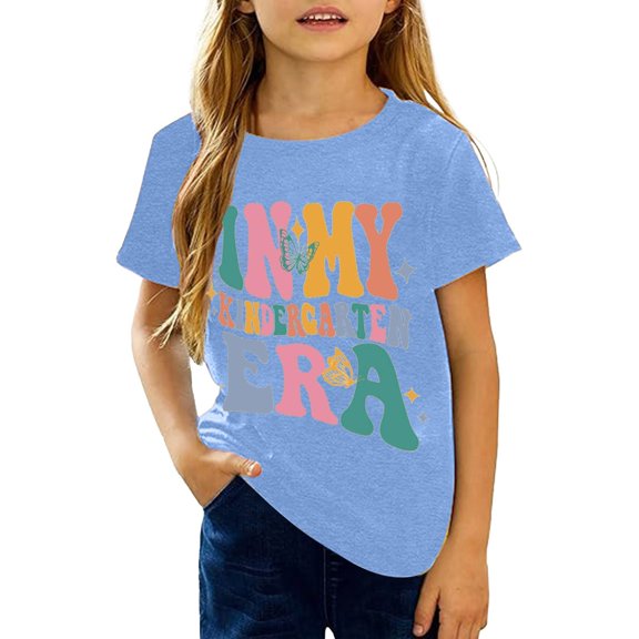 GobdXE Kids Kindergarten Era Retro Letter Short Sleeve Crew Neck T-Shirt Color:Light Blue,Size:8-9 Years