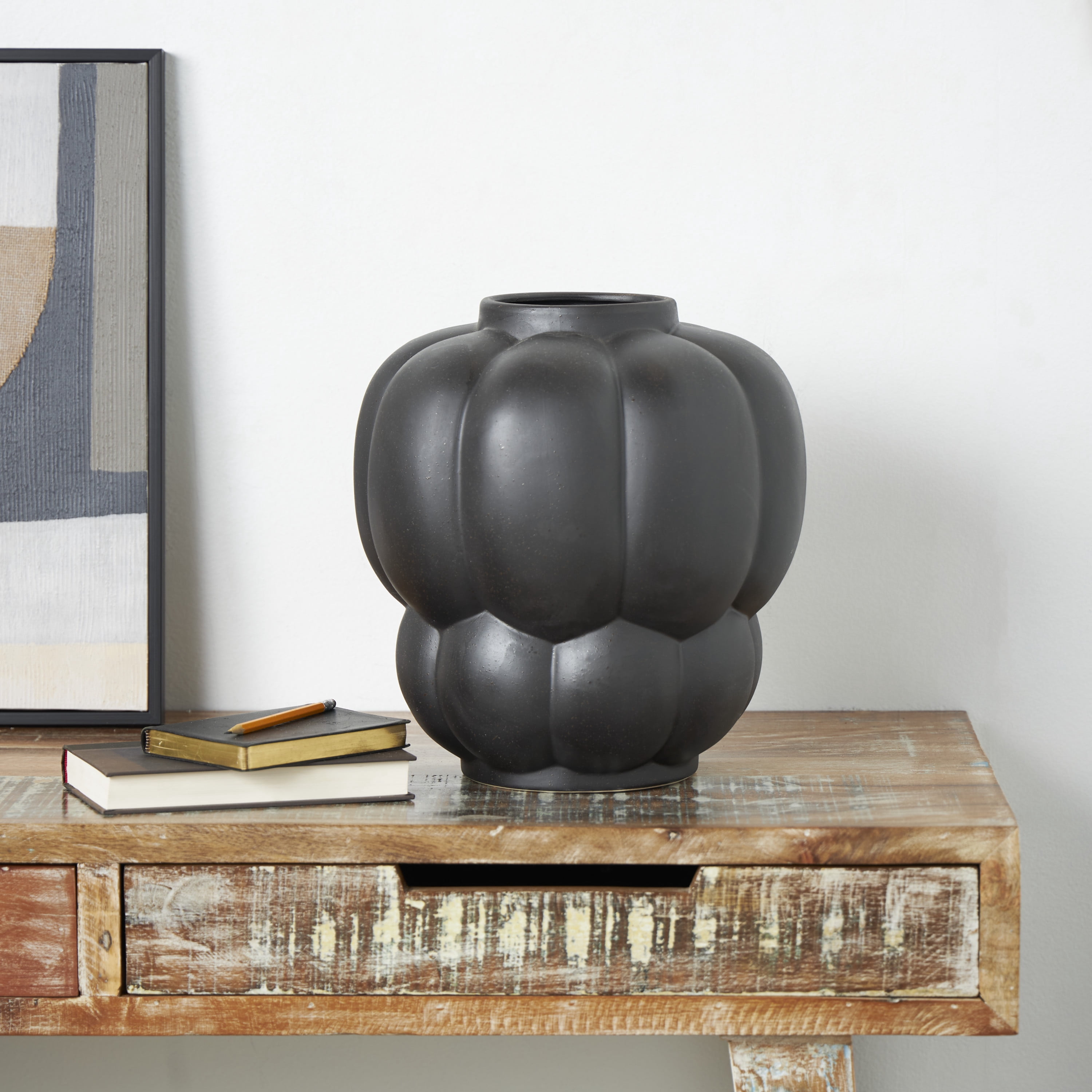 DecMode 13" Wide Bubble Inspired Black Ceramic Vase with Distressed Speckled Texturing