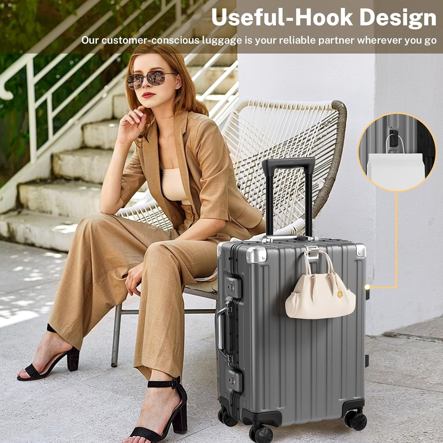 Checked Luggage Aluminum Frame Suitcase with Wheels PC ABS Hardside Zipperless with TSA Lock 24 Inch Gray