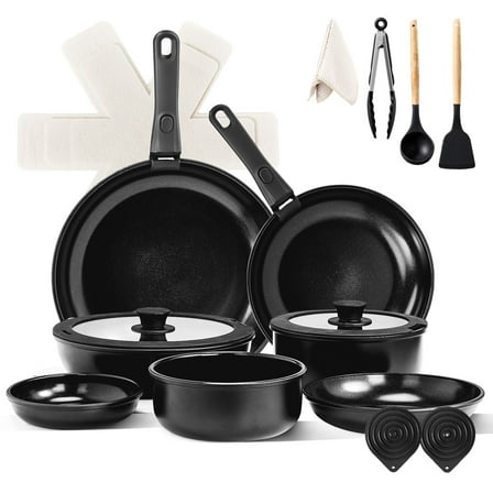 Black 23-Piece Cookware Set - Non-Stick Aluminum 7 Pots & 2 Lids, Removable Handles, All Stove Compatible