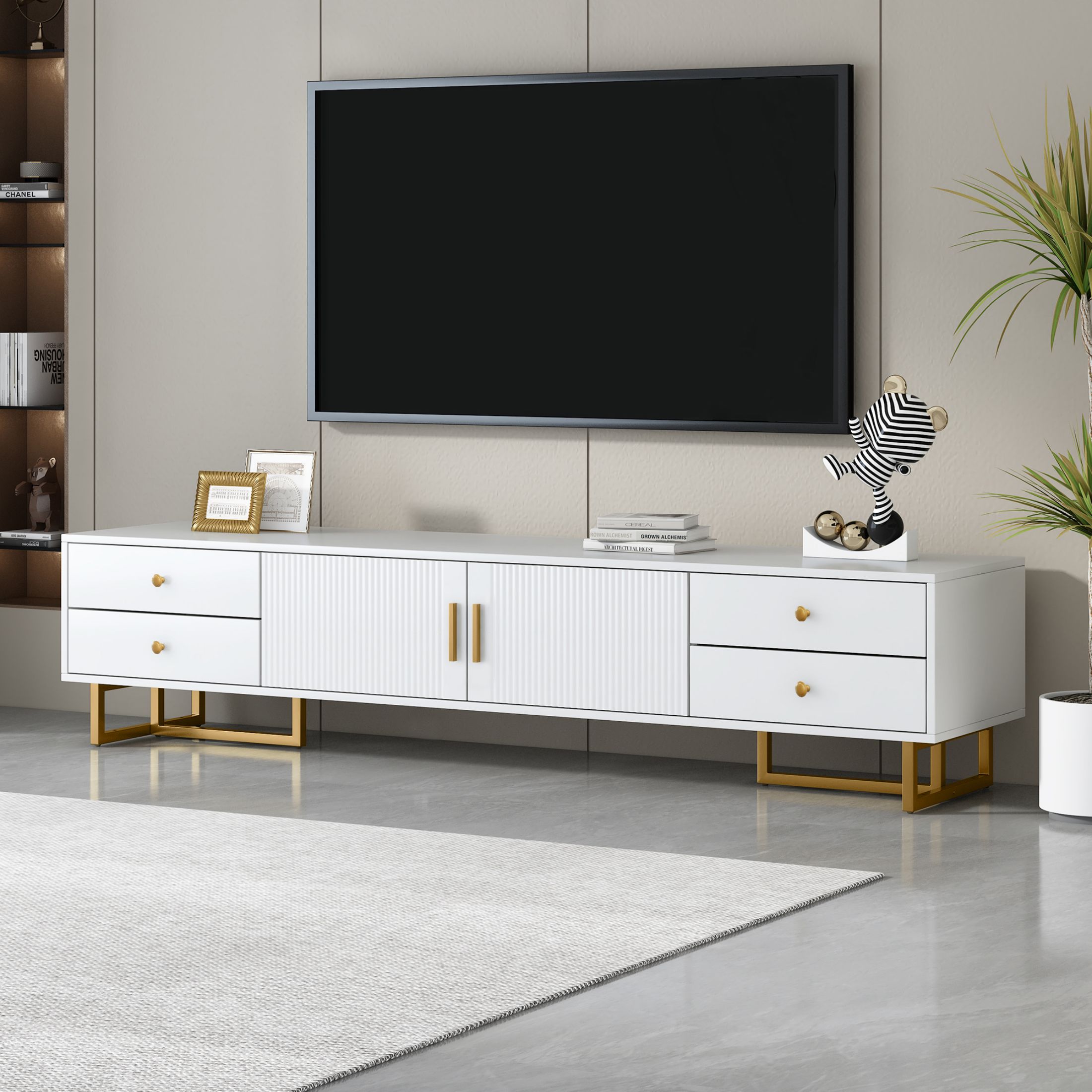 DEALTOPS Stylish TV Stand with 4 Drawers, Spacious Media Console with Metal Legs for TVs Up to 75'', White