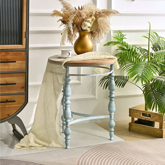 YIYADO 20.08 Inch Side Table, Round Coffee Table for Living Room, Rustic Wood Carved Coffee Table, Bedroom, Office, Blue