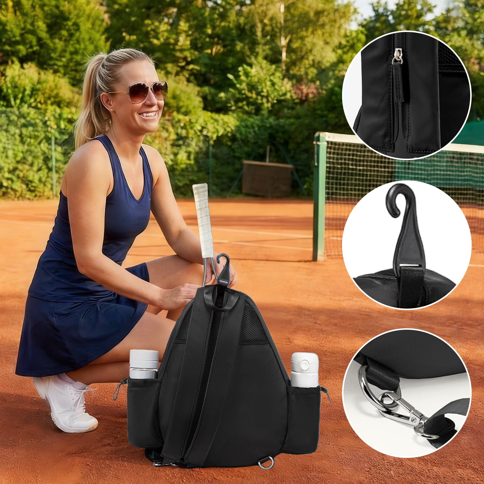 Tennis Sling Bag Racket Backpack, Quilted Sports Crossbody Bag for Tennis, Pickleball & Badminton, Waterproof Lightweight Racket Bag with Wet Pocket & Side Pockets, Black, 16.5 x 12.6 x 4.7inch