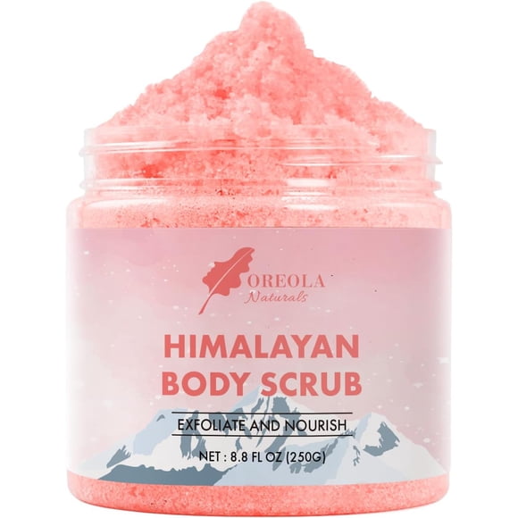Himalayan Salt Scrub With Lychee Oil & Sweet Almond Oil 8.8oz/250g For Exfoliating, Deep Pore Cleansing & Moisturizing Scrub by Oreola Naturals