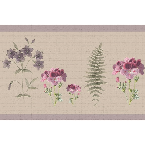 Dundee Deco's Peel and Stick Wallpaper Border - Floral Purple Green Plants Wall Border Retro Design, 15 ft x 7 in, Self Adhesive
