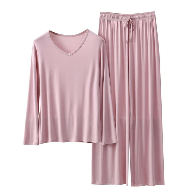 yoeyez Ensembles de Détente pour Femmes Pyjamas en Modal à Manches Longues 2 Pcs Chandails à Col Rond et Pantalons à Jambes Larges Ensembles de Détente Pjs Rose, TG