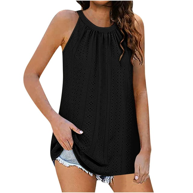 Timegard Eyelet Tank Top for Women Round Neck Ruched Sleeveless Comfy Casual Tee Shirts Summer