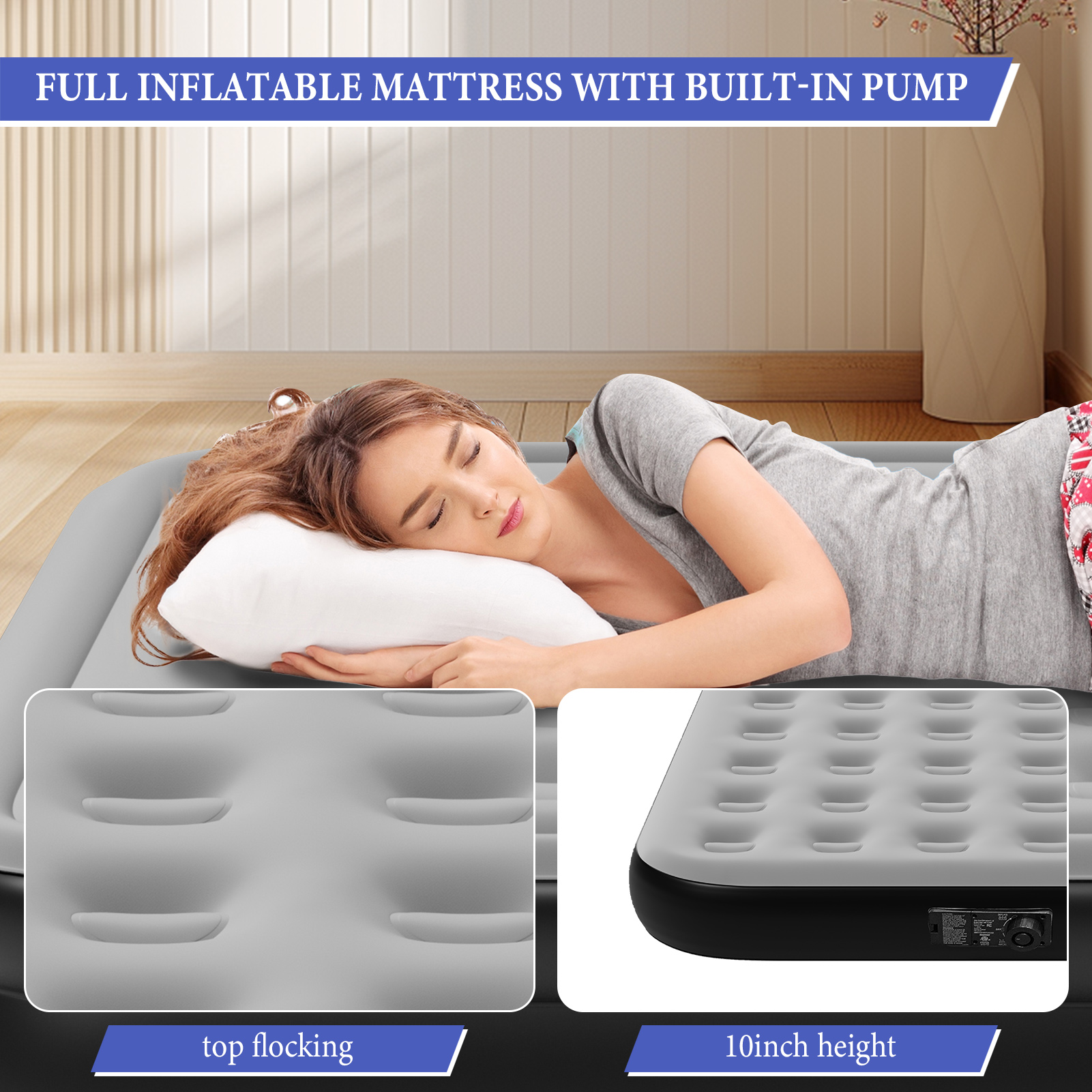 Full Size Air Mattress with Built in Pump,High Portable 10" Inflatable Mattress,Blow Up Mattress for Travel,Home and Guest(Pale Gray)