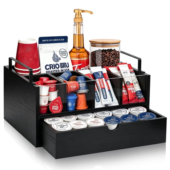 Godance Wood Coffee Station Organizer, Coffee Pod Holder Storage Basket, Coffee Cup Holder for Counter, Tea Condiment Organizer for K Cup Sugar, Rustic Coffee Bar Decor for Coffee Accessories (Black)
