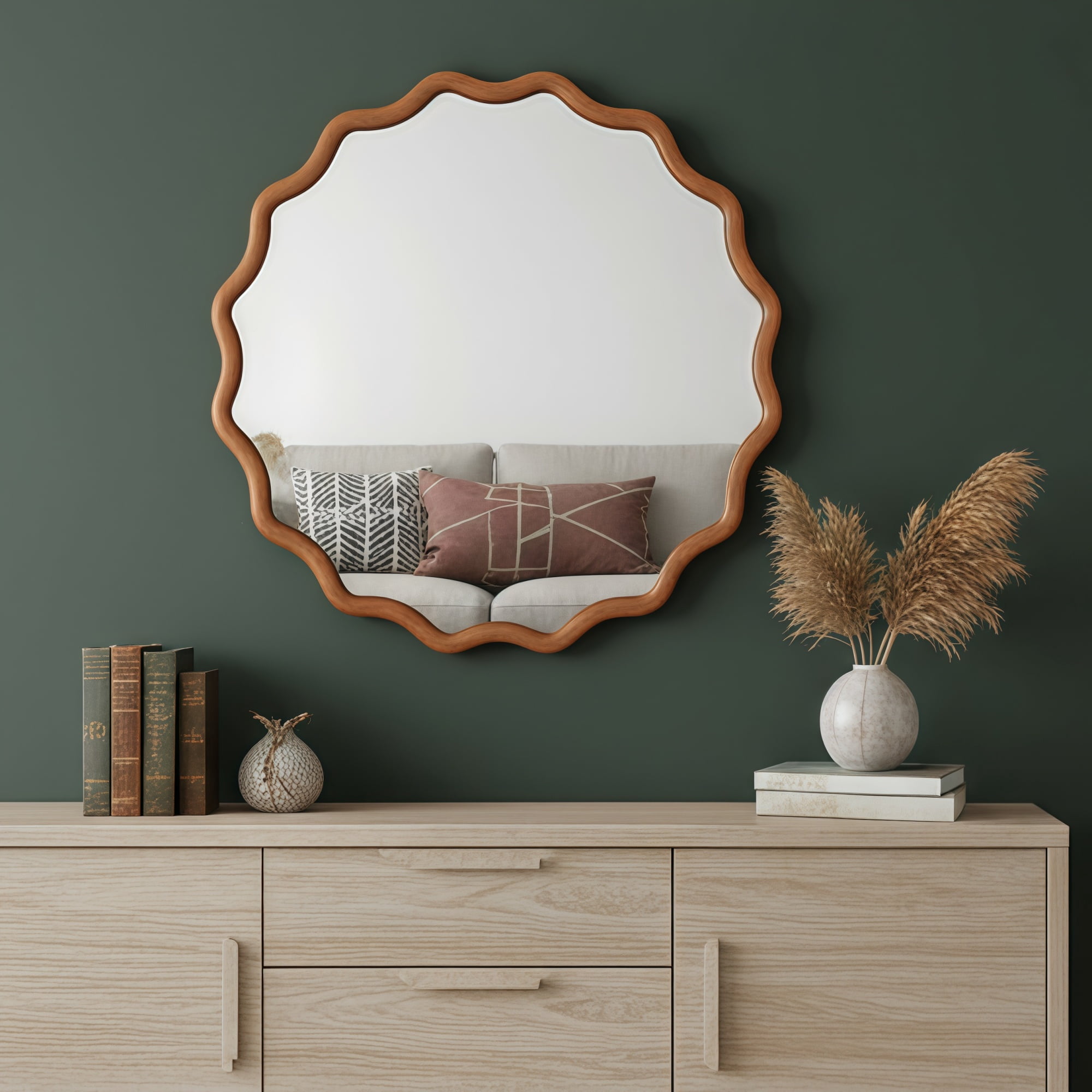 Leumius 36" Wavy Round Mirror, Solid Wood Frame Decorative Mirror for Bedroom Bathroom Living Room Entryway Brown