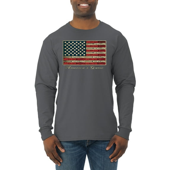 Wild Bobby, American Game Flag Baseball Bat Ball, Sports, Men Long Sleeve Shirt, Charcoal, Small
