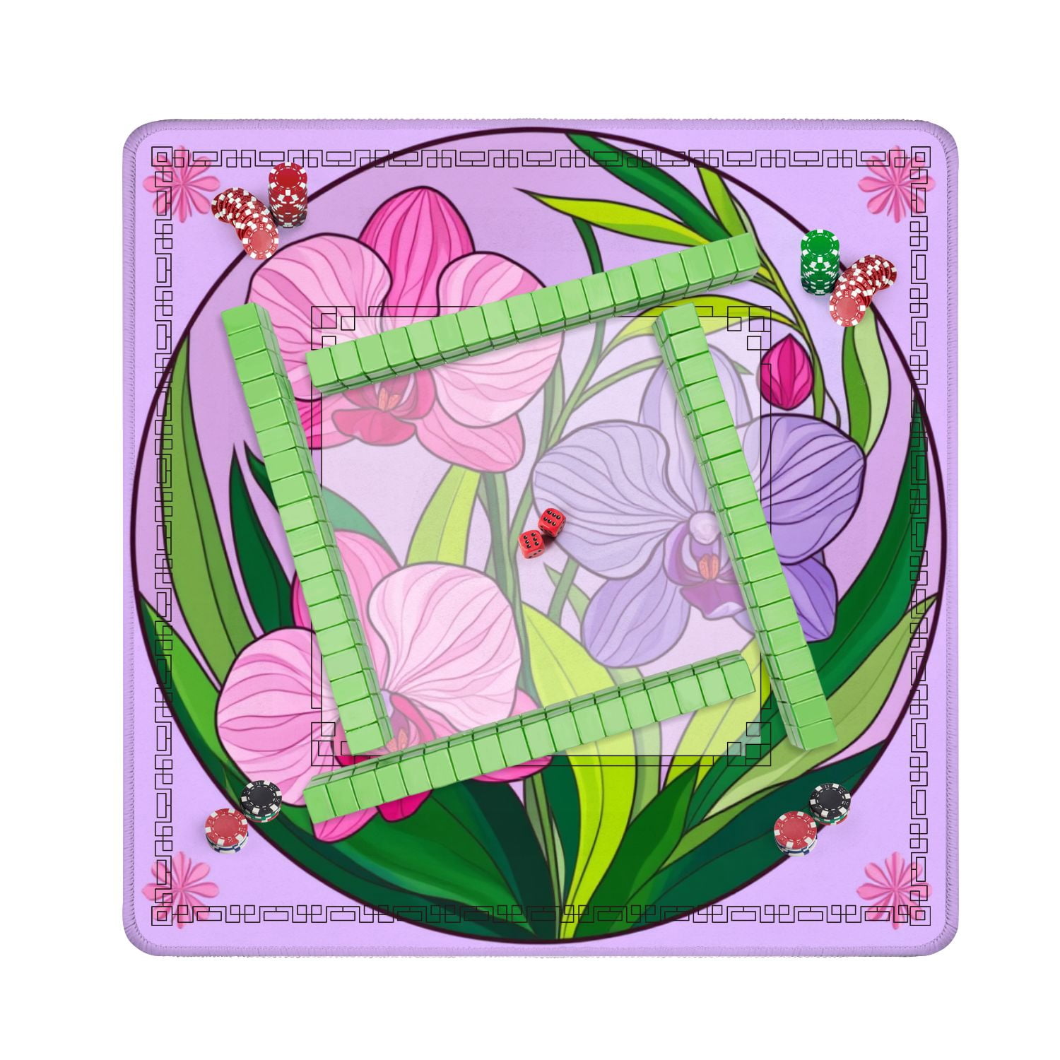 Mahjong Mat 31.5" x 31.5" Vibrant Orchids Pink Purple Greenery Non-Slip Noise Reduction American Mahjong Tiles Table Cover for Dominoes Poker Card Board Games Gift