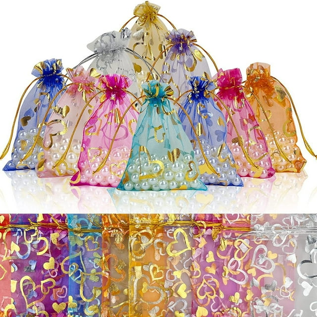 Juego de bolsas de regalo de organza con cordón dorado en forma de corazón, 100 unidades