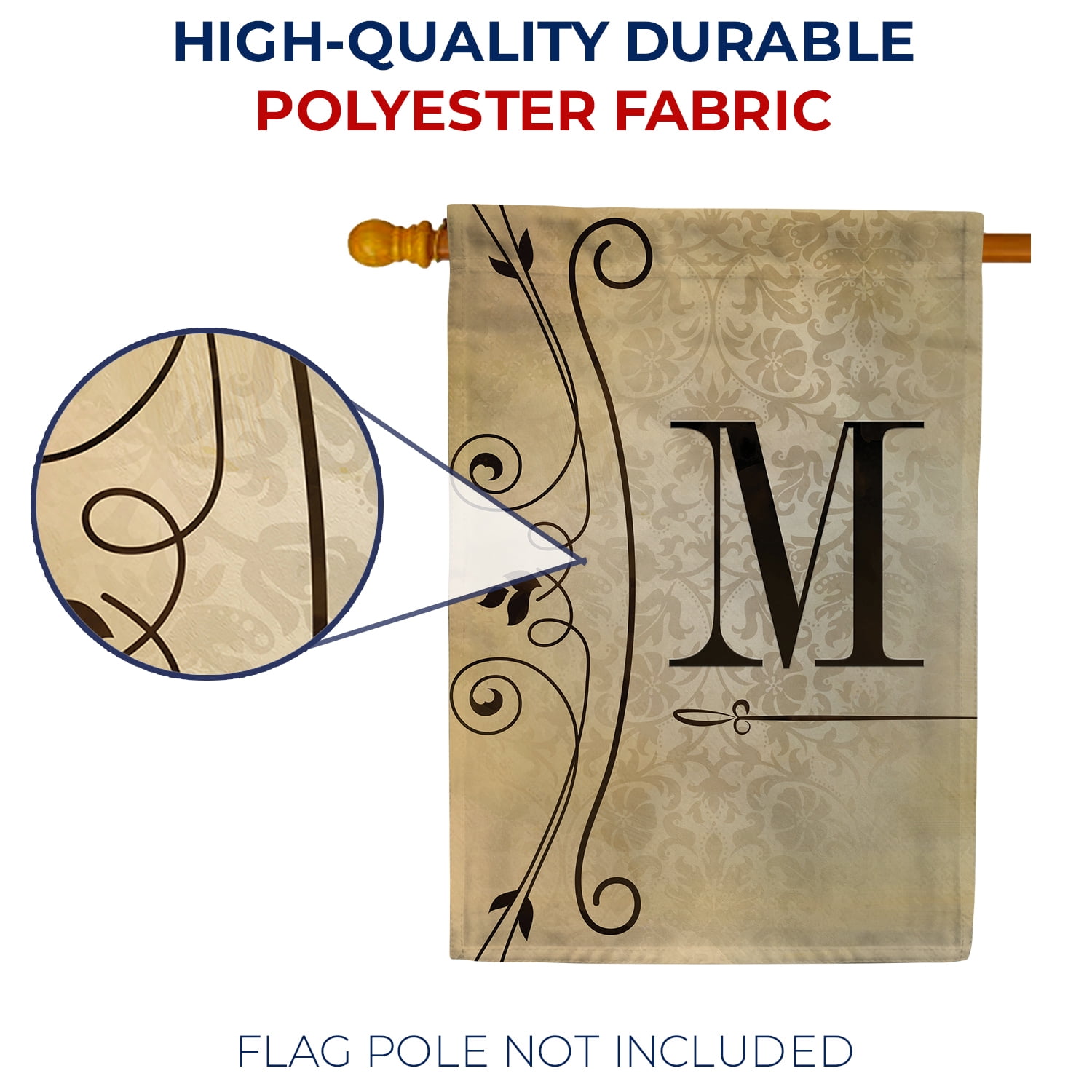 America Forever Fancy Scroll Monogram M House Flag, 28 x 40 inch Double Sided, Elegant Letter M Flag, Decorative Scroll Design, Personalized Initial Yard Art, Housewarming Gift